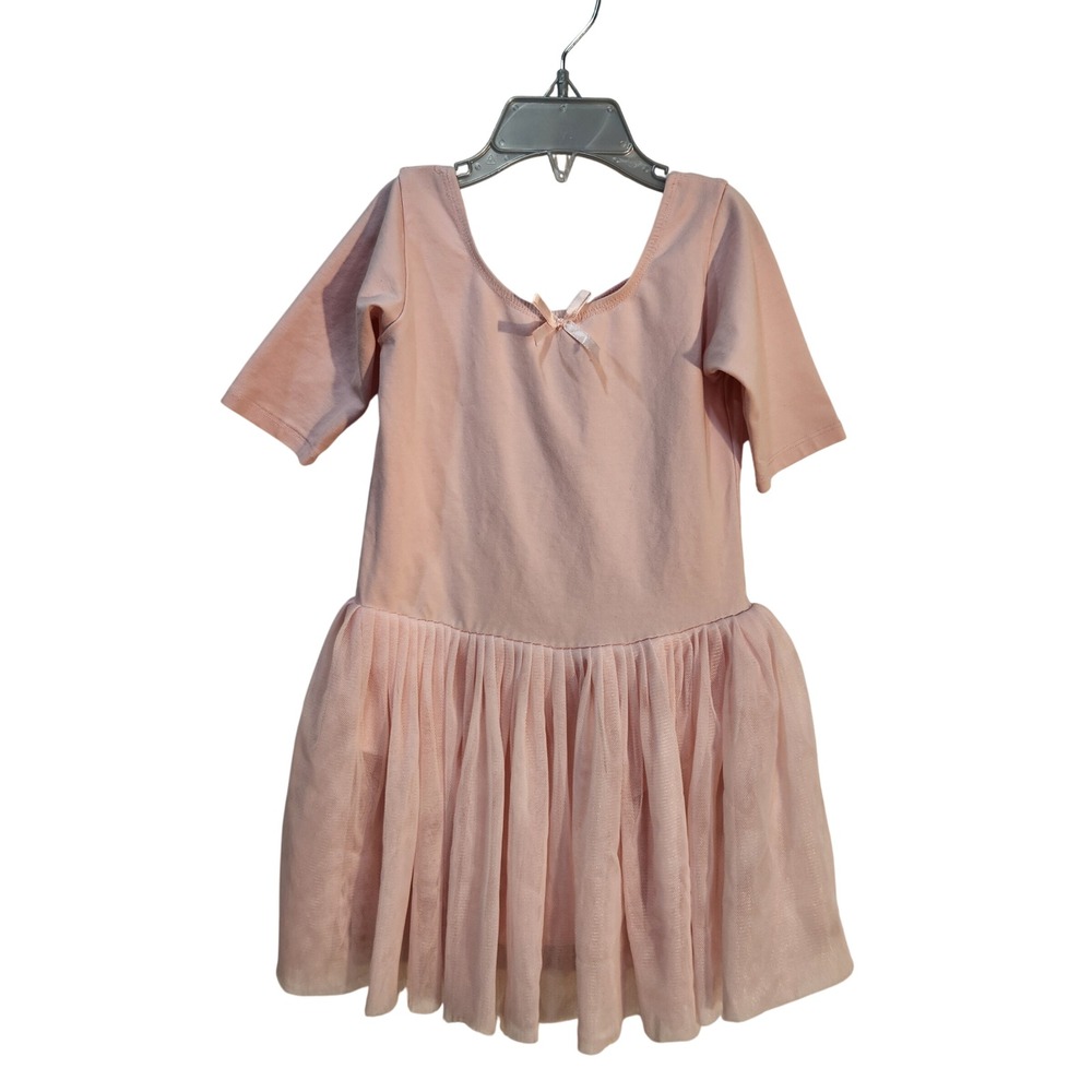 Kids Pink Ballet Dance Tutu Leotard with Short Sleeves Bow Accent